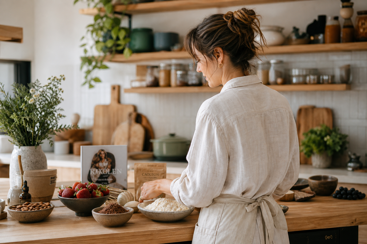 Johanna Le Pape arranging ingredients at her kitchen counter
